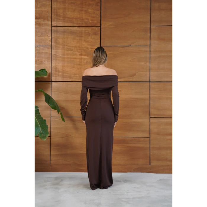 Madonna Yaka Büzgü Detaylı Uzun Elbise Kahve