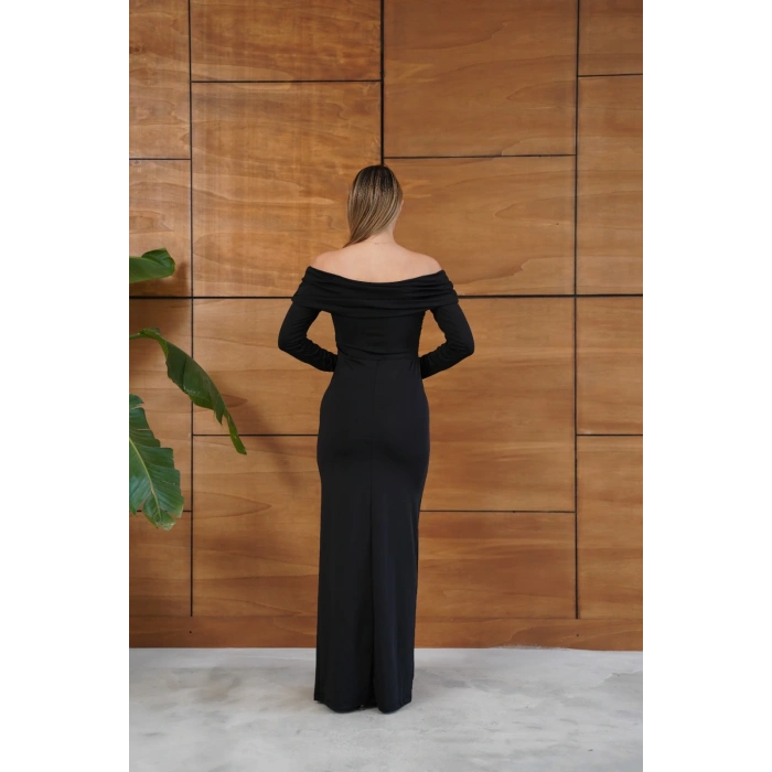 Madonna Yaka Büzgü Detaylı Uzun Elbise Siyah