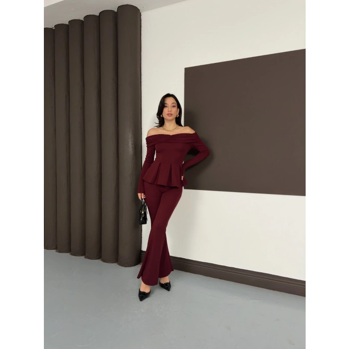 Madonna Yaka Pantolonlu Takım Bordo