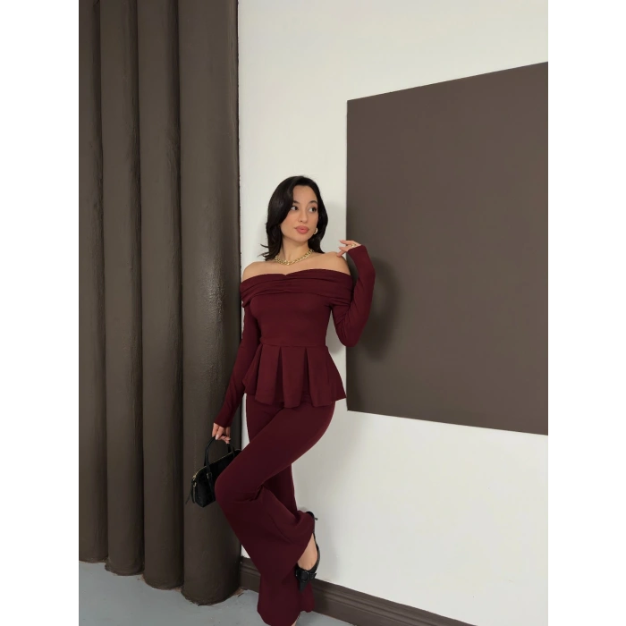 Madonna Yaka Pantolonlu Takım Bordo