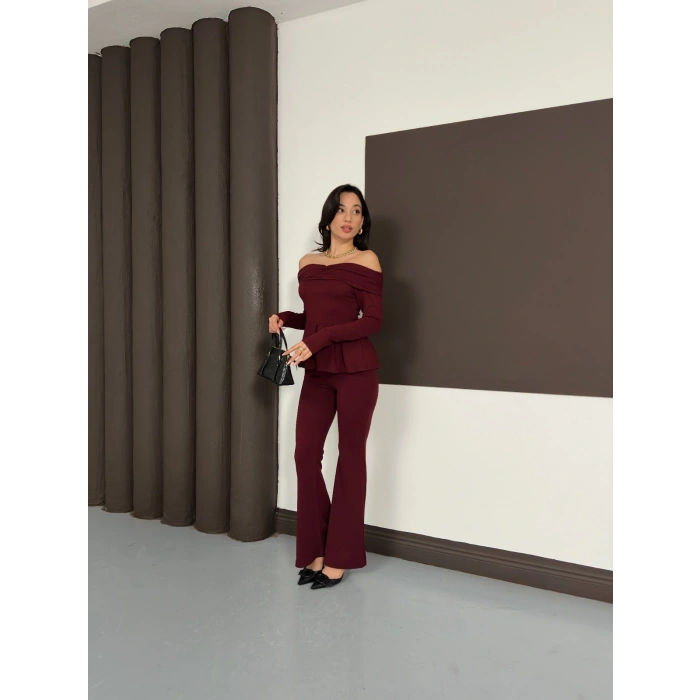 Madonna Yaka Pantolonlu Takım Bordo