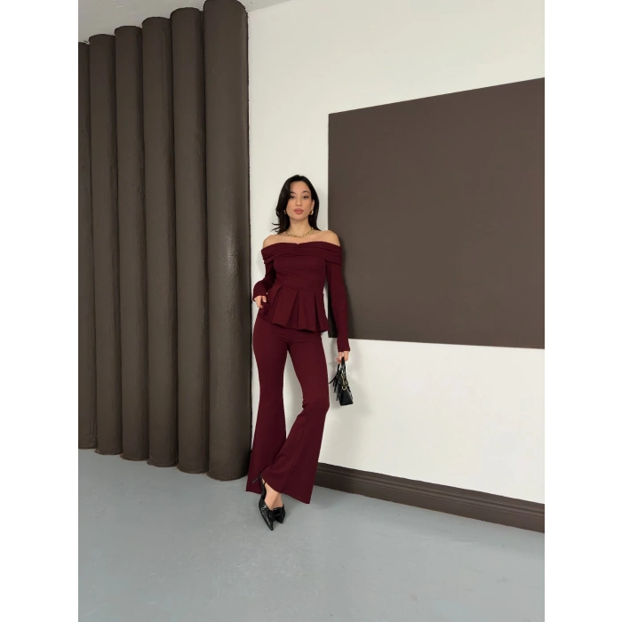 Madonna Yaka Pantolonlu Takım Bordo