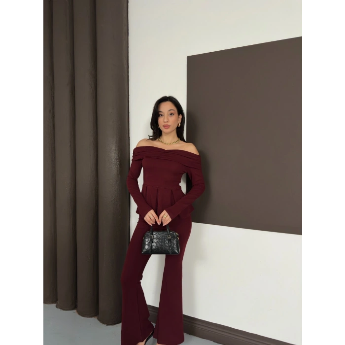 Madonna Yaka Pantolonlu Takım Bordo