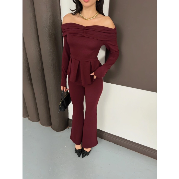 Madonna Yaka Pantolonlu Takım Bordo