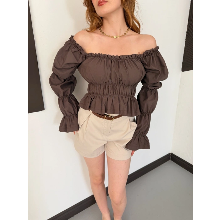 Madonna Yaka Poplin Kumaş Bluz Kahve