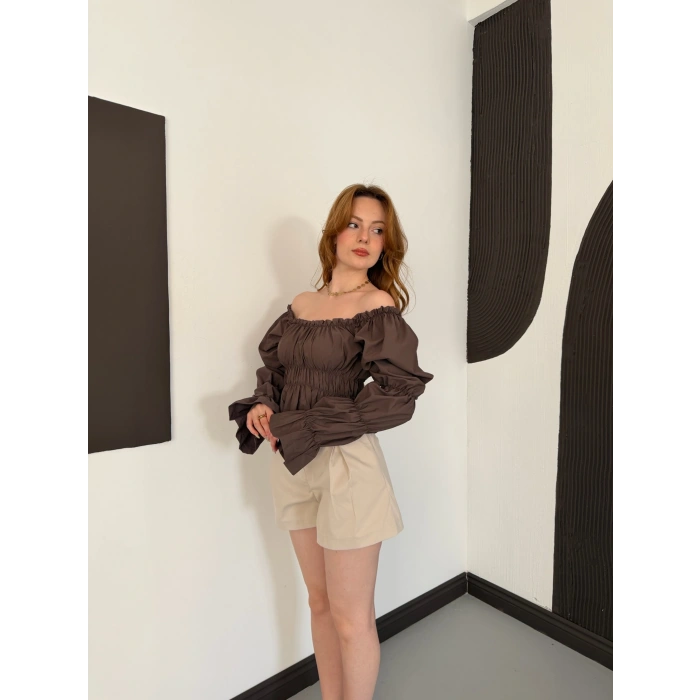 Madonna Yaka Poplin Kumaş Bluz Kahve