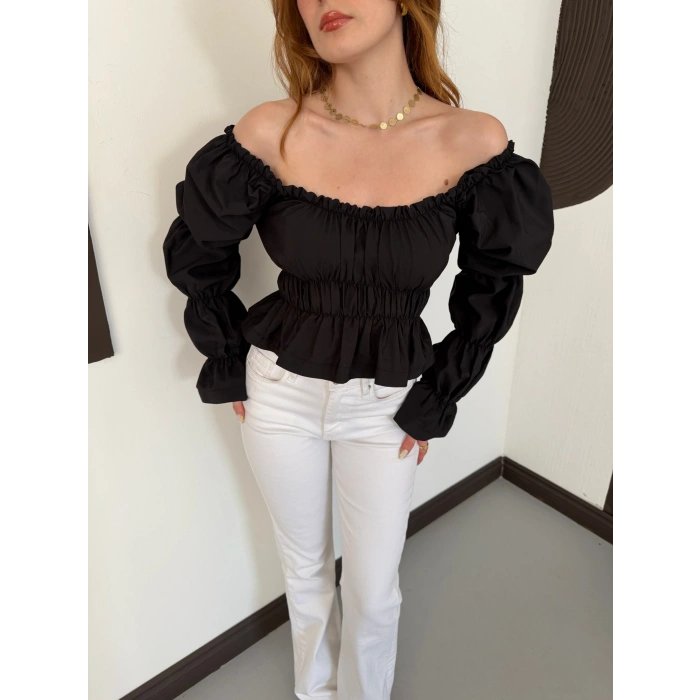 Madonna Yaka Poplin Kumaş Bluz Siyah