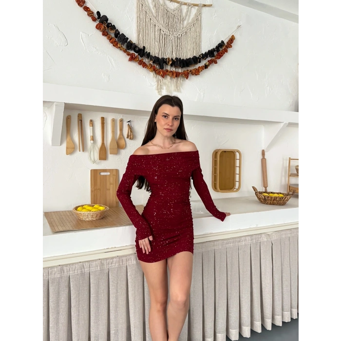 Madonna Yaka Simli Mini Elbise Bordo