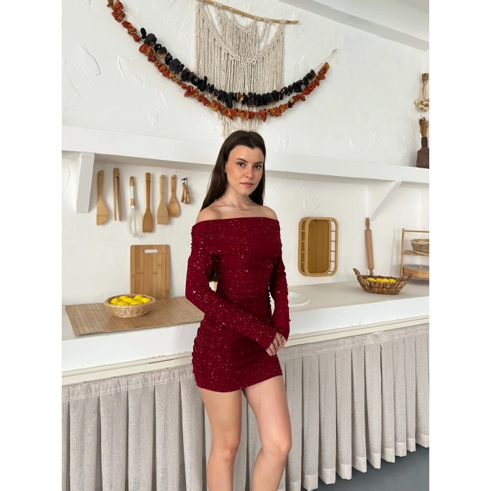 Madonna Yaka Simli Mini Elbise Bordo