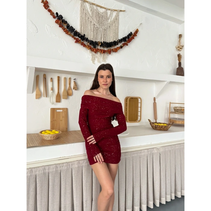 Madonna Yaka Simli Mini Elbise Bordo