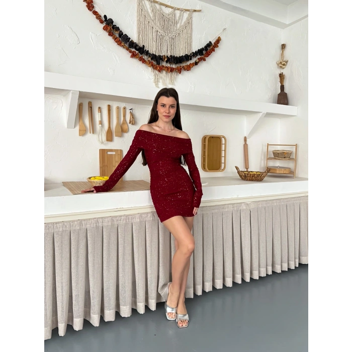 Madonna Yaka Simli Mini Elbise Bordo