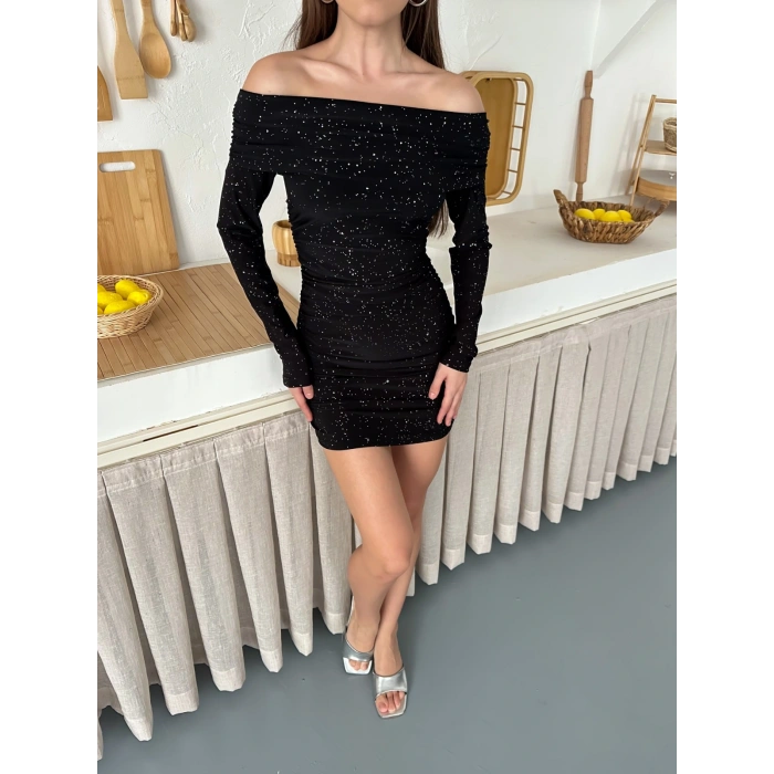 Madonna Yaka Simli Mini Elbise Siyah