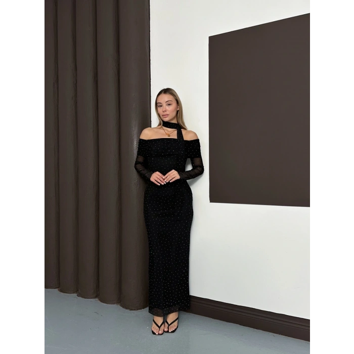 Madonna Yaka Taş Detaylı Işıltılı Elbise Siyah