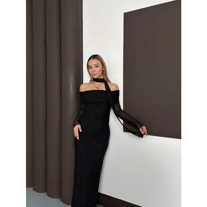Madonna Yaka Taş Detaylı Işıltılı Elbise Siyah