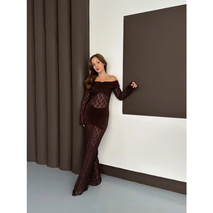 Madonna Yaka Transparan Elbise Acı Kahve