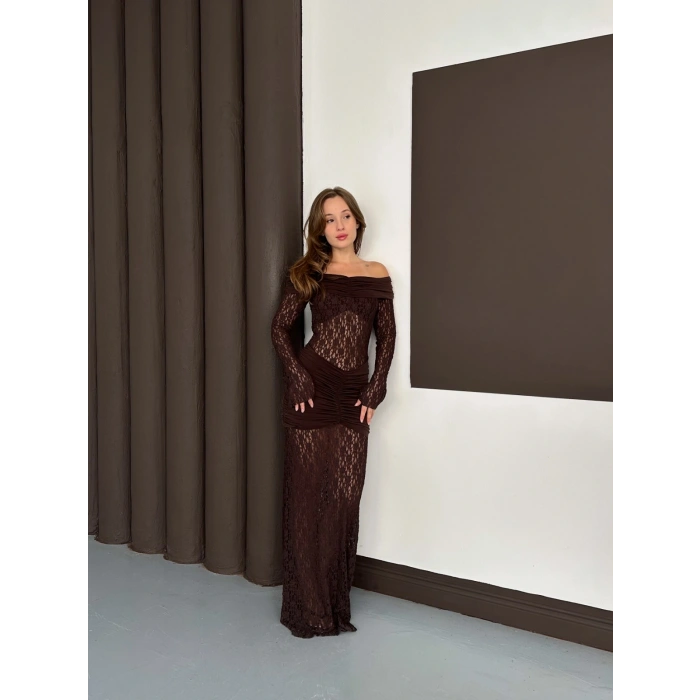 Madonna Yaka Transparan Elbise Acı Kahve