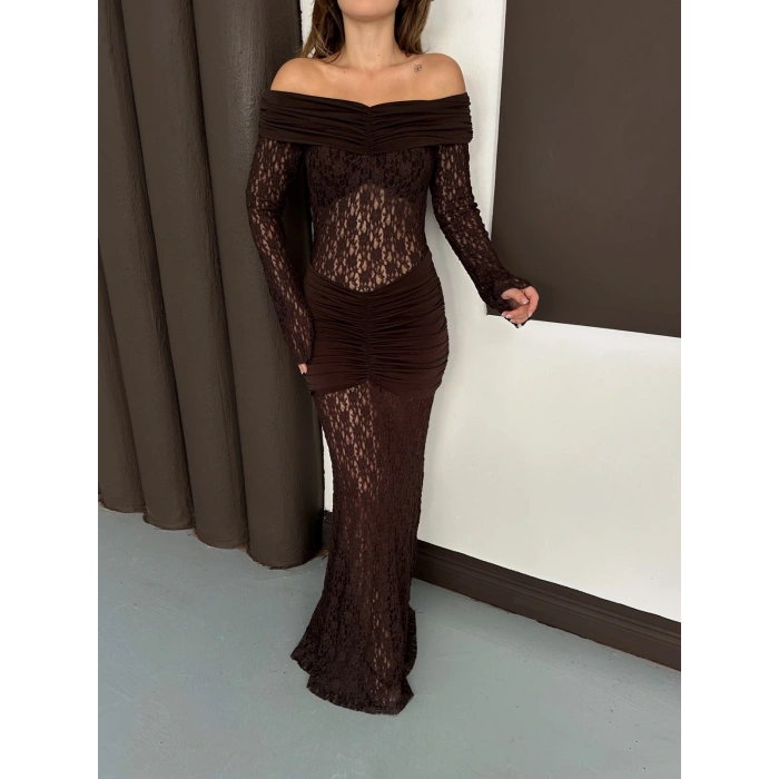 Madonna Yaka Transparan Elbise Acı Kahve