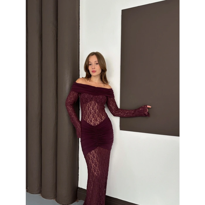 Madonna Yaka Transparan Elbise Bordo