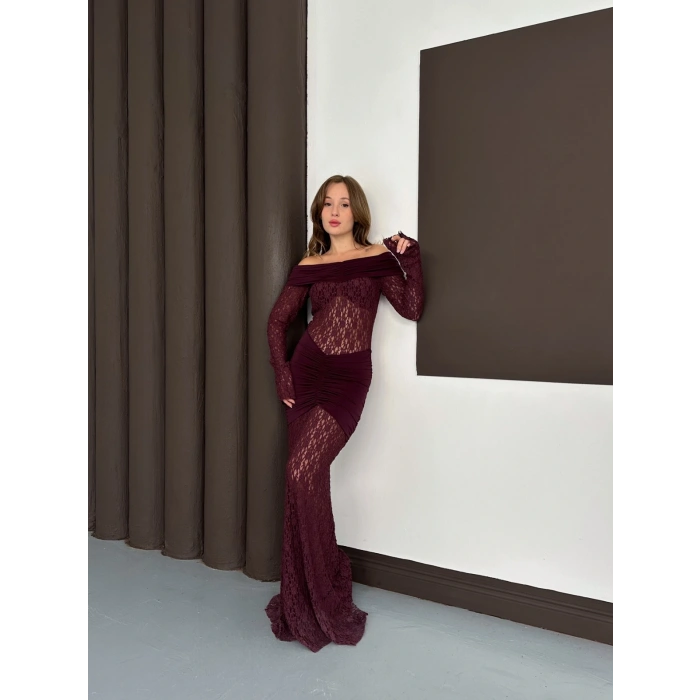 Madonna Yaka Transparan Elbise Bordo