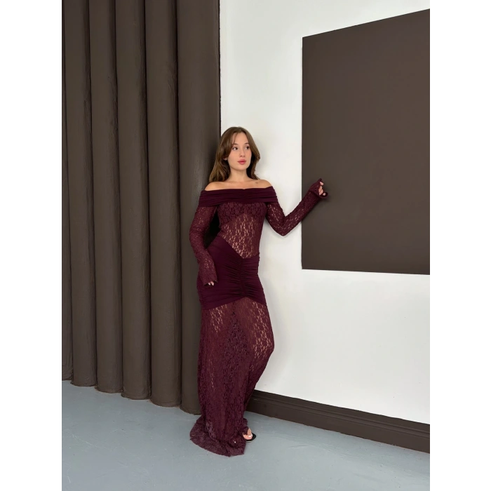 Madonna Yaka Transparan Elbise Bordo