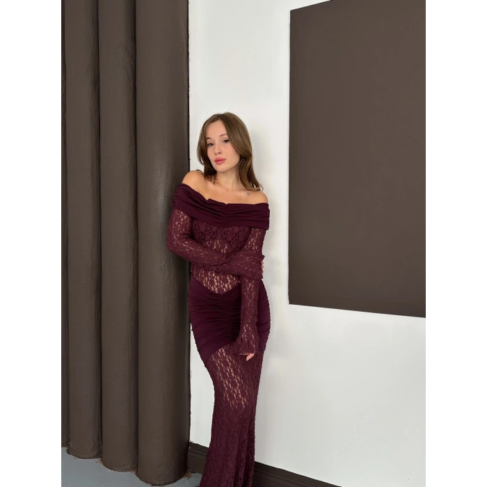 Madonna Yaka Transparan Elbise Bordo