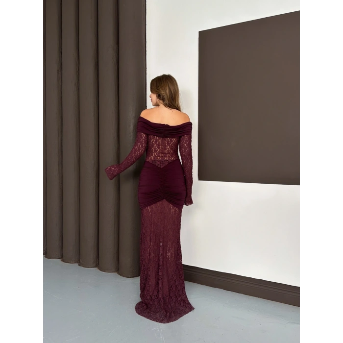 Madonna Yaka Transparan Elbise Bordo