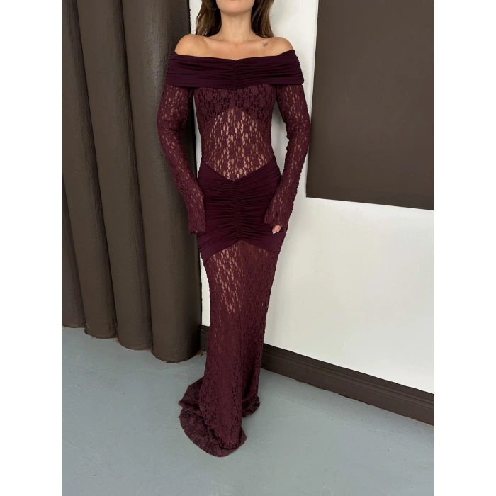 Madonna Yaka Transparan Elbise Bordo