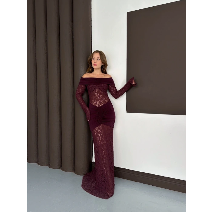 Madonna Yaka Transparan Elbise Bordo