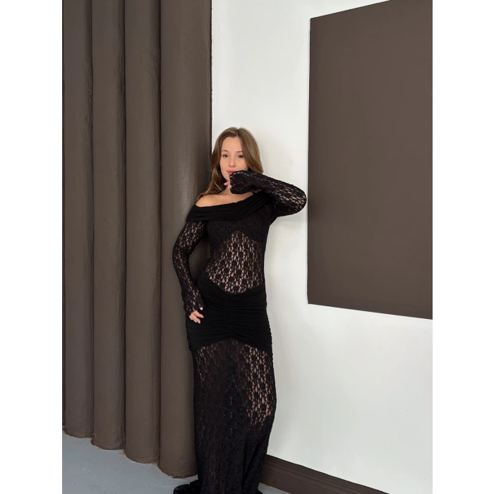 Madonna Yaka Transparan Elbise Siyah