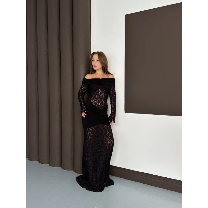 Madonna Yaka Transparan Elbise Siyah