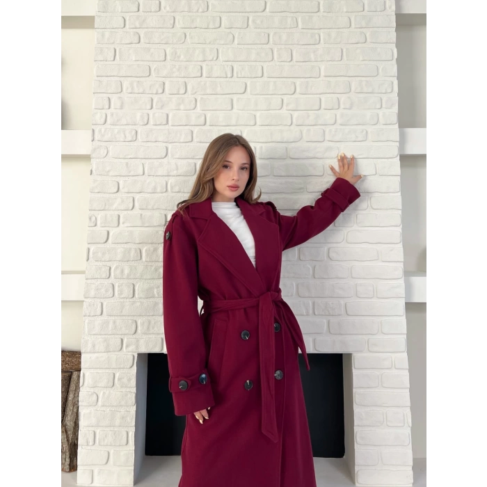 Midi Boy Kuşaklı Kaşe Kaban Bordo