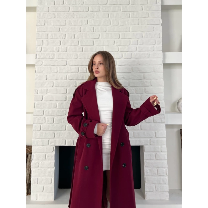Midi Boy Kuşaklı Kaşe Kaban Bordo