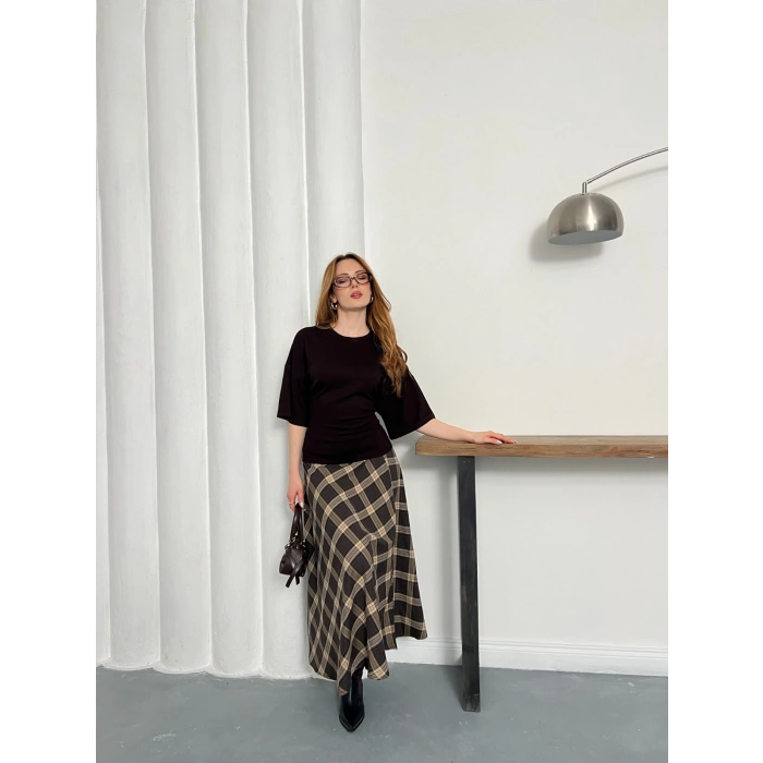 Minimal Kesim Arka Ayarlanabilir İP Detaylı Bluz Acı Kahve