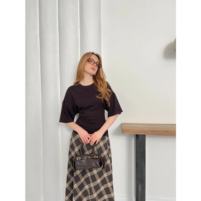 Minimal Kesim Arka Ayarlanabilir İP Detaylı Bluz Acı Kahve