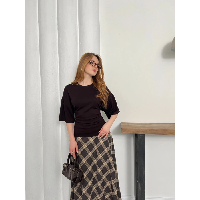 Minimal Kesim Arka Ayarlanabilir İP Detaylı Bluz Acı Kahve