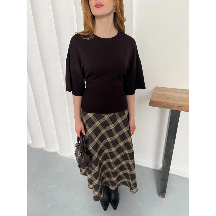 Minimal Kesim Arka Ayarlanabilir İP Detaylı Bluz Acı Kahve