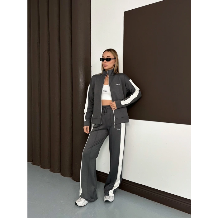 Modal Kumaş Şerit Detaylı Üçlü Set Takım Antrasit