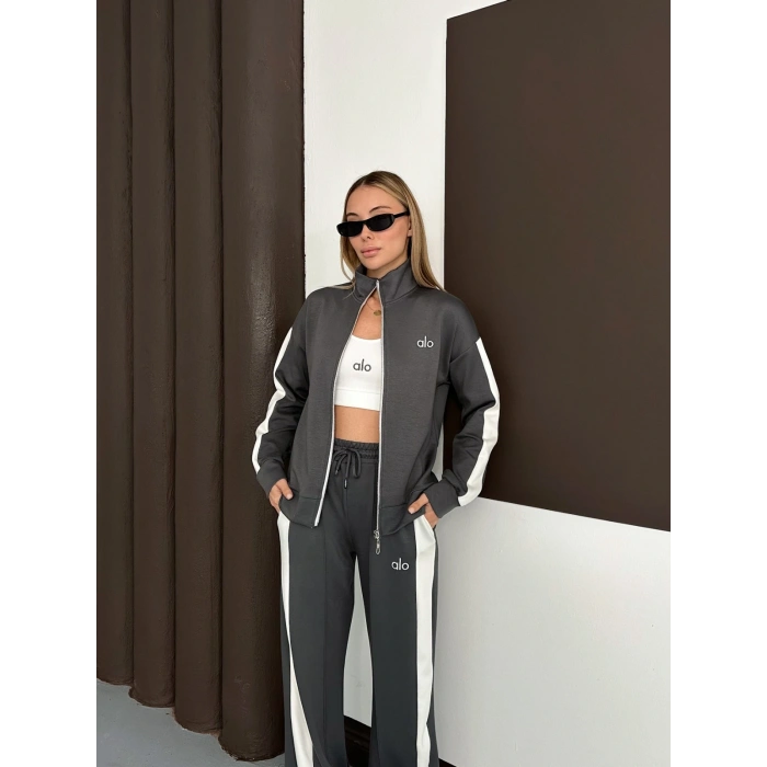 Modal Kumaş Şerit Detaylı Üçlü Set Takım Antrasit