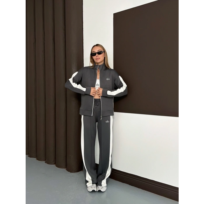 Modal Kumaş Şerit Detaylı Üçlü Set Takım Antrasit