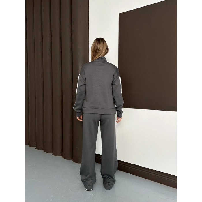 Modal Kumaş Şerit Detaylı Üçlü Set Takım Antrasit