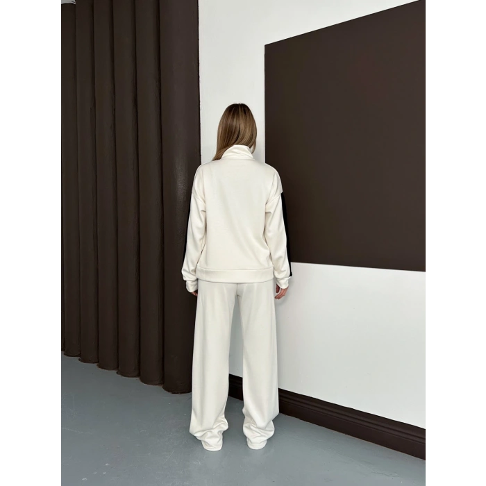 Modal Kumaş Şerit Detaylı Üçlü Set Takım Beyaz