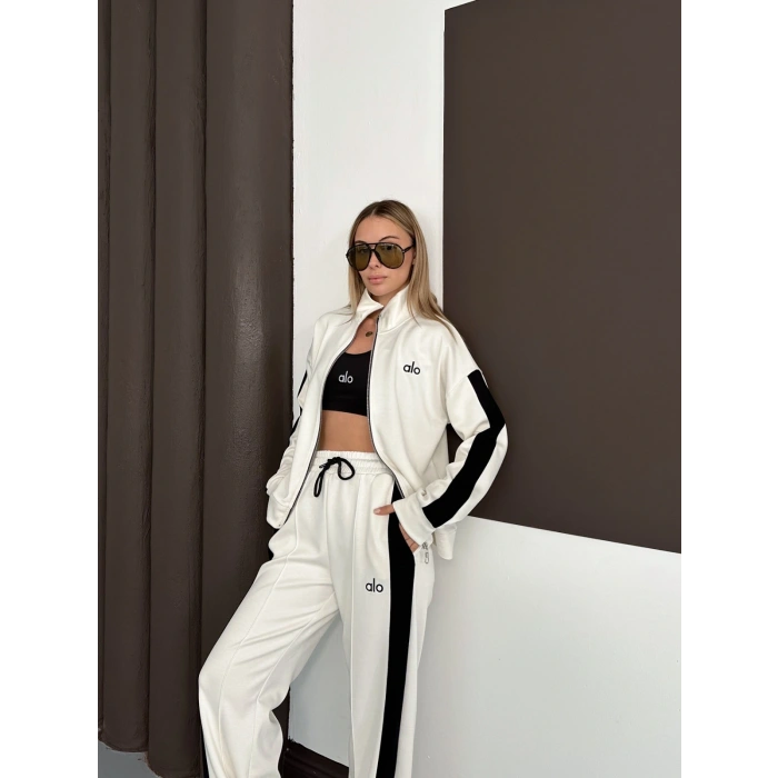 Modal Kumaş Şerit Detaylı Üçlü Set Takım Beyaz