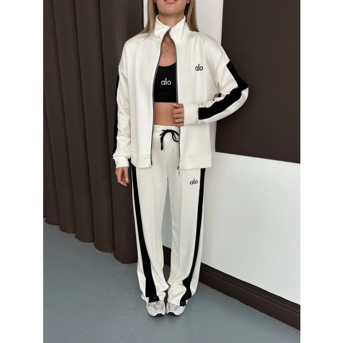 Modal Kumaş Şerit Detaylı Üçlü Set Takım Beyaz