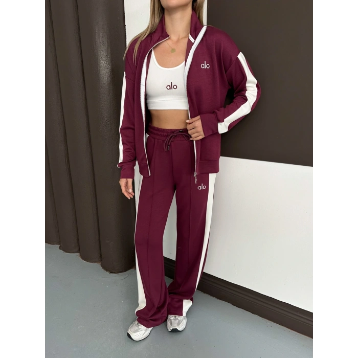 Modal Kumaş Şerit Detaylı Üçlü Set Takım Bordo