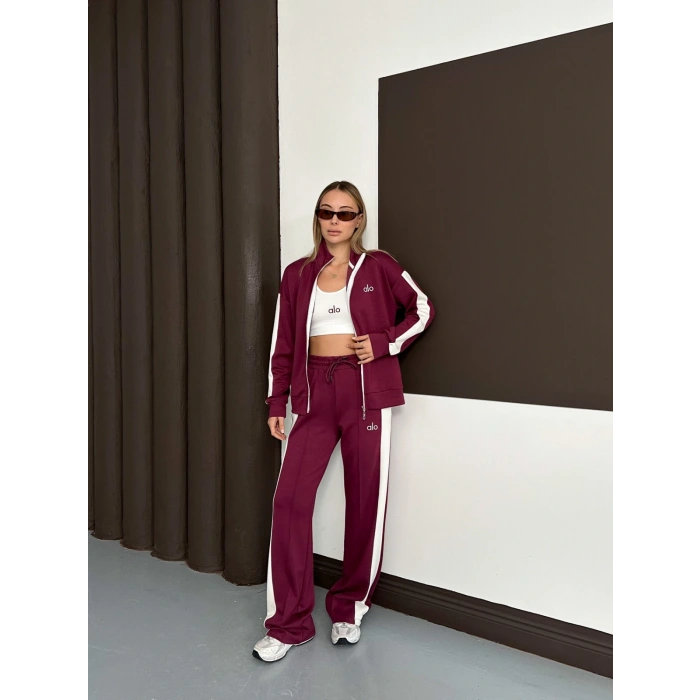 Modal Kumaş Şerit Detaylı Üçlü Set Takım Bordo