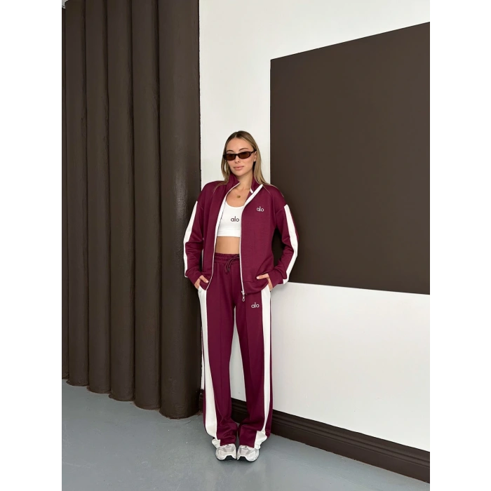 Modal Kumaş Şerit Detaylı Üçlü Set Takım Bordo