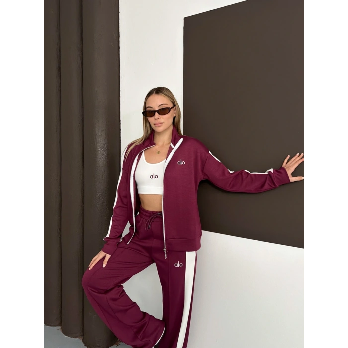 Modal Kumaş Şerit Detaylı Üçlü Set Takım Bordo