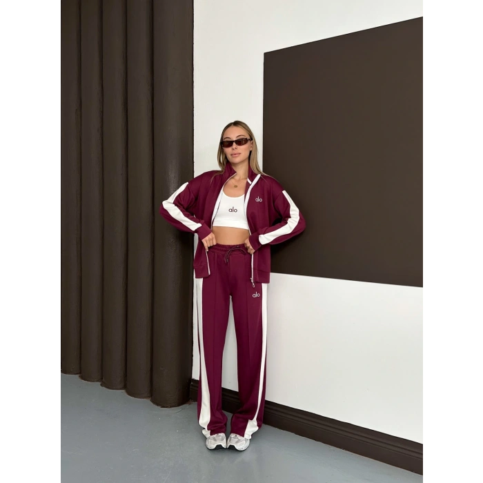 Modal Kumaş Şerit Detaylı Üçlü Set Takım Bordo