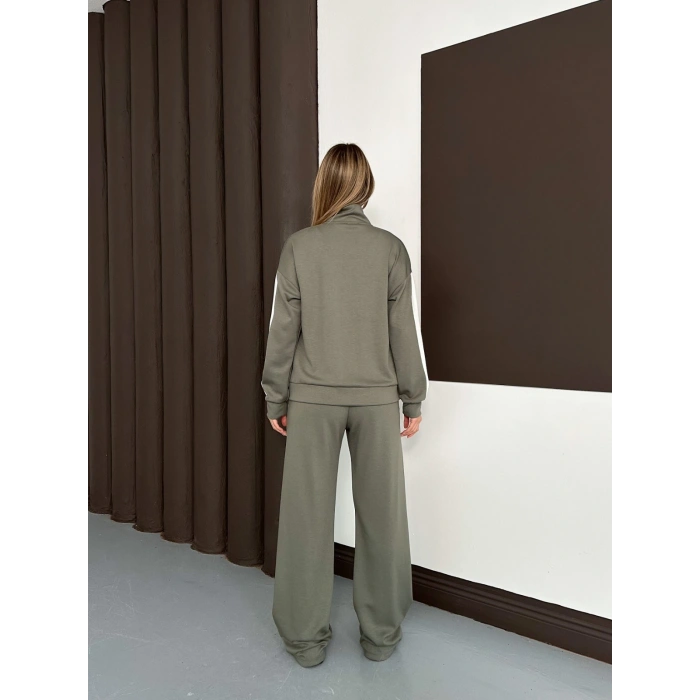 Modal Kumaş Şerit Detaylı Üçlü Set Takım Haki