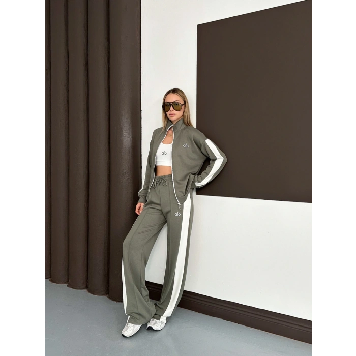 Modal Kumaş Şerit Detaylı Üçlü Set Takım Haki